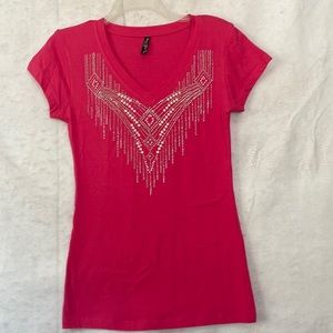 Salmon Pink Sweet Girl Short Cap Sleeve V Neck Bling Pullover T-Shirt